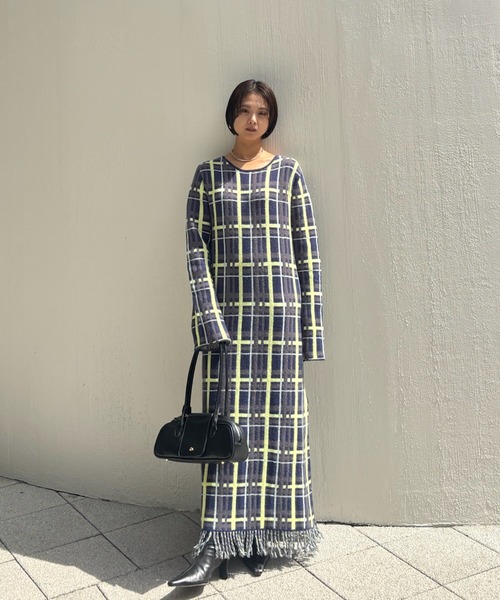 Ameri（アメリ）の「2WAY HANDWRITING CHECK KNIT DRESS（ワンピース