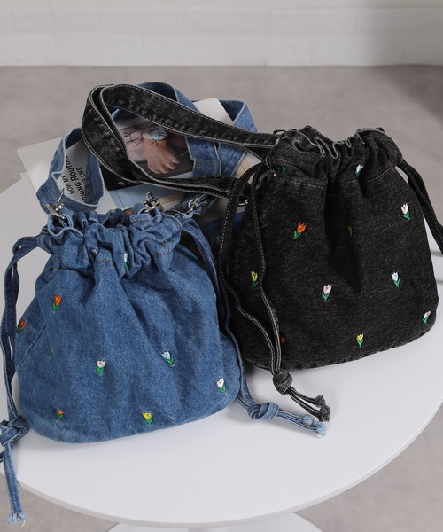 セール】チューリップ刺繍 デニム 巾着 ショルダーバッグ（ショルダー