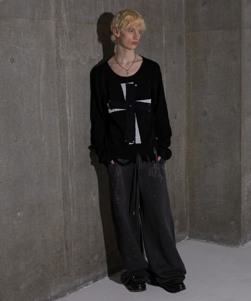 GRANCY】Rhinestone Design Layered Sweatpants / ラインストーン