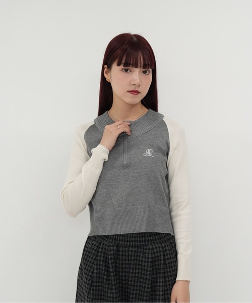 cunii 】ハーフジップ クロップド ニット トップス 長袖 配色 ラグラン