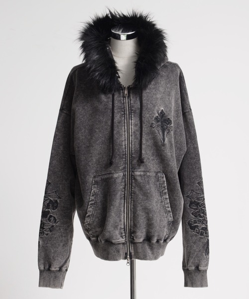 REFLEM/レフレム』ファー付きクロス刺繍ZIPパーカー/ジップアップ