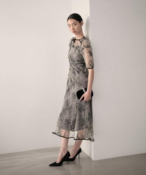 LEJA 半袖花柄刺繍レースマーメイドフレアロングワンピースドレス M