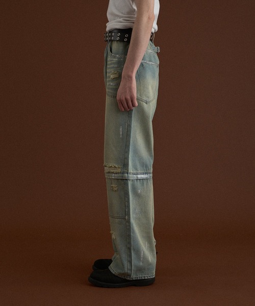 セール】2WAY VINTAGE LIKE DAMAGE DOUBLE KNEE DENIM PANTS/2way
