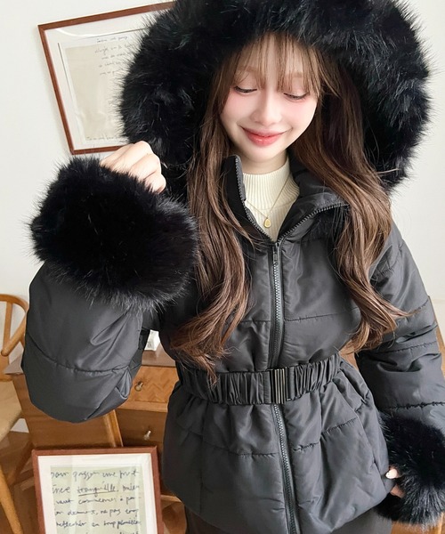 セール】ウェストベルト付きフードファーダウンジャケット（ダウン