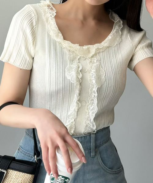 Ada.（エイダ）の「レース フリル デザイン ニット バレエコア Tシャツ