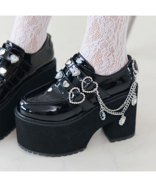 キラキラハートチャームチェーン付きダブルハートローファー（シューズ