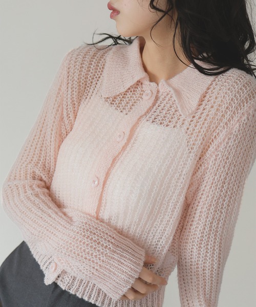 透かし編みポロニットカーディガン（ニット/セーター）｜LIAN（リアン