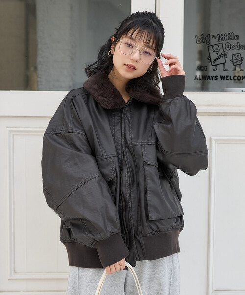セール】2way フェード加工 ファー襟レザレットブルゾン/ファー切替