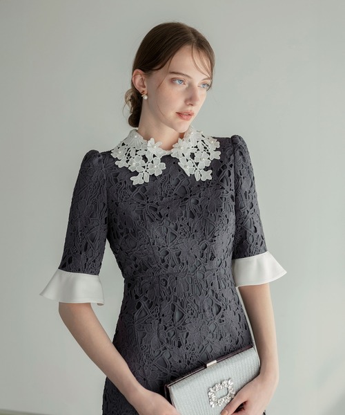 セール】【LEJA】花柄レースカラースパンコール刺繍Aラインフレ