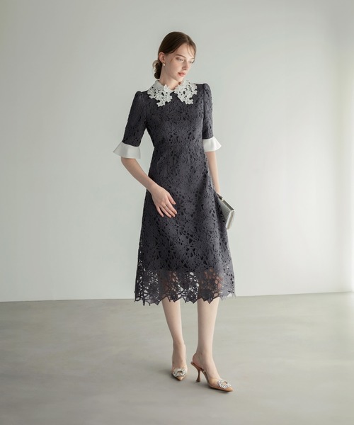 mayu レジャ レースネック透け袖スリットキラキラロングドレス