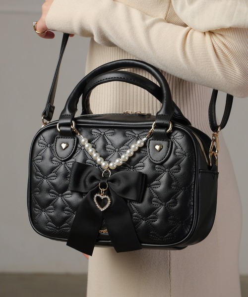セール】2way ボストンバッグ ミニ リボン パール ハート チャーム付き