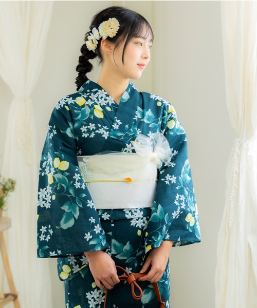 レディース 浴衣3点セット 大人可愛い （綿浴衣＋半幅帯＋下駄）S/F
