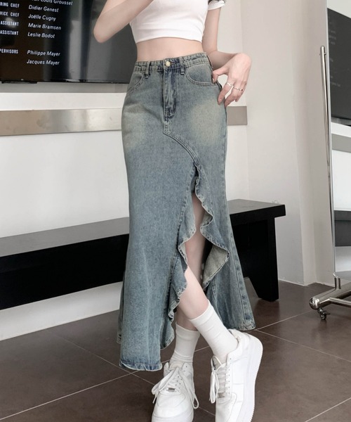 セール】フリルオープンロングデニムスカート（デニムスカート