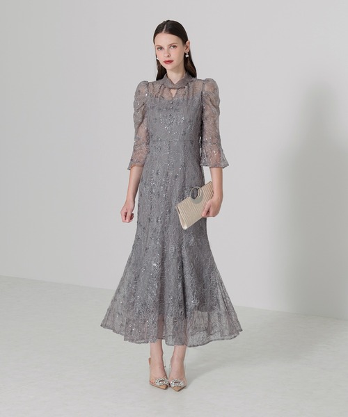 セール】【LEJA】スパンコール花柄刺繍ソフトパフスリーブマーメイド