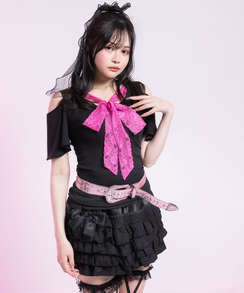 背中開きビジューバックルセクシーリボン姫ギャルトップス（Tシャツ