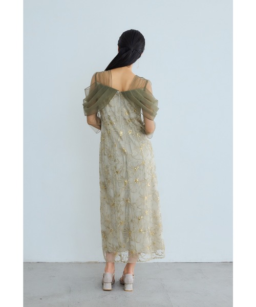 オフショルダースパンコール刺繍レースドレス 結婚式 成人式 二次会