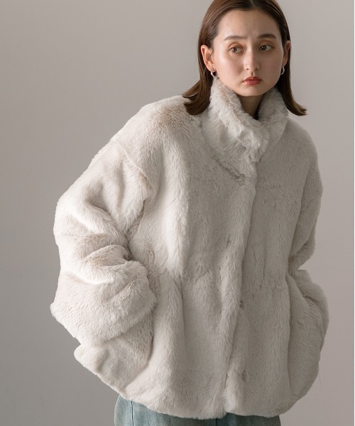 セール】スタンドカラー フェイクファーコート（その他アウター）｜ad