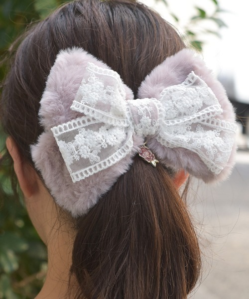 レース×ファーリボンクリップ（バレッタ/ヘアクリップ）｜axes femme