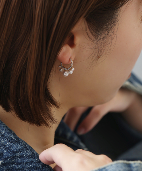 WEB限定》グラデーションパール*ダイヤフープピアス K10（両耳