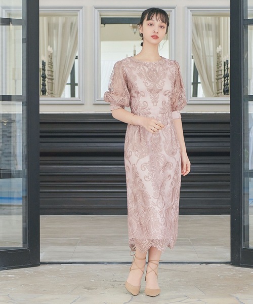 刺繍レース バックリボン タイトドレス 同窓会 二次会 ドレス（ドレス