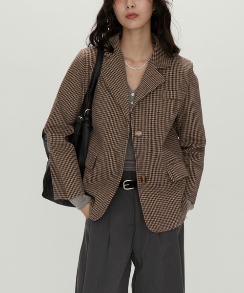 セール】Tailored Brown Houndstooth Jacket / テーラードブラウン千鳥
