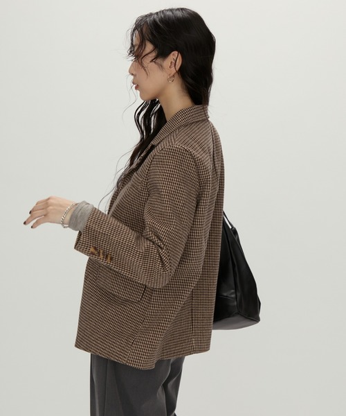セール】Tailored Brown Houndstooth Jacket / テーラードブラウン千鳥
