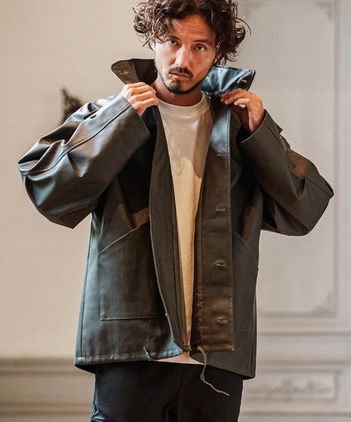 mj10495- Synthetic Leather Military Stand Collar Oversized Jacket