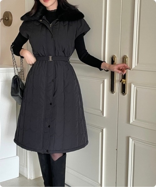 セール】キルティング ウエストマーク ノースリーブ ロングベスト