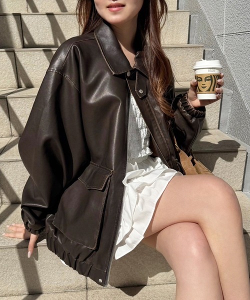 セール】オーバーサイズフェイクレザージャケット（ブルゾン）｜one