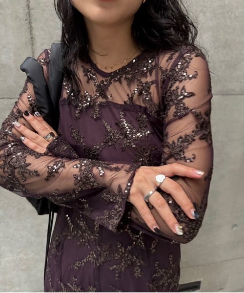 Ameri（アメリ）の「SPANGLE LACE ROMPERS（サロペット/オーバーオール