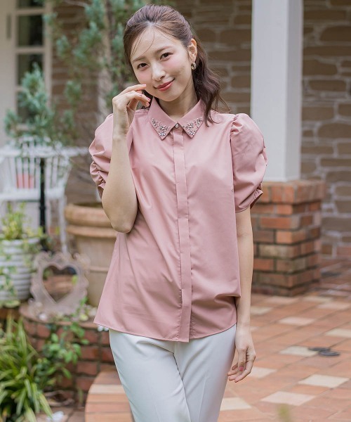 セール】襟ジュエルブラウス≪洗濯機で洗える≫（シャツ/ブラウス