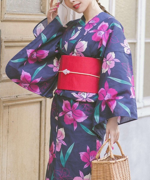 lalala】【夢工房】浴衣・帯セット 紺色 撫子柄 下駄付き lalala】【夢