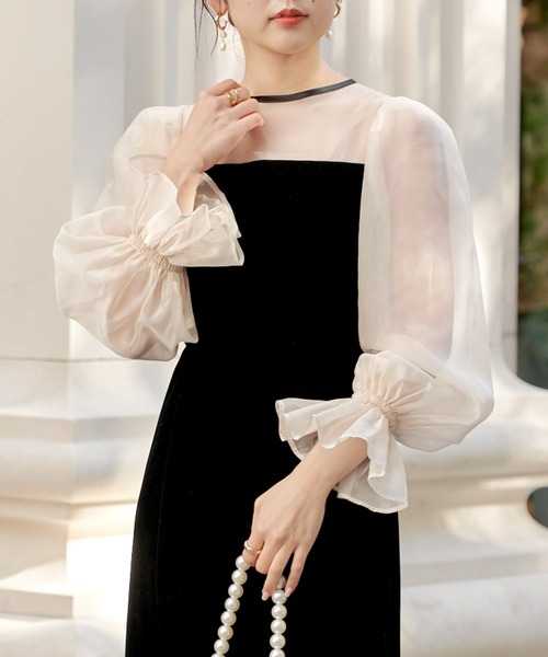 2サイズ展開】配色シースルータイトロングドレス（ドレス）｜Chico