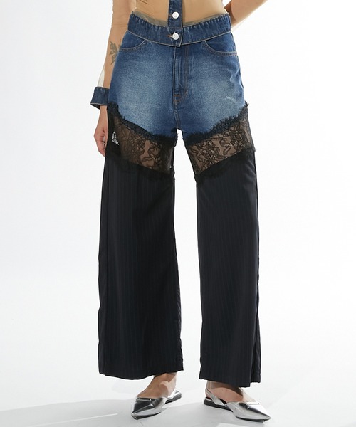 デニムレースブロッキングパンツ / Denim Lace Blocking Pants（デニム