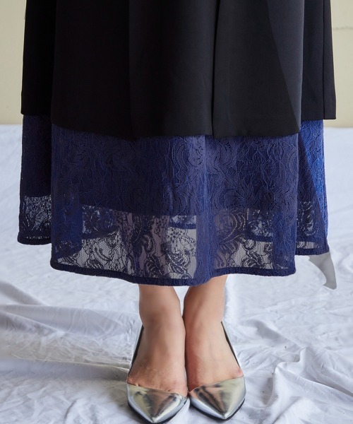 セール】〔Callarus〕スタンドカラーレース切替デザインワンピース