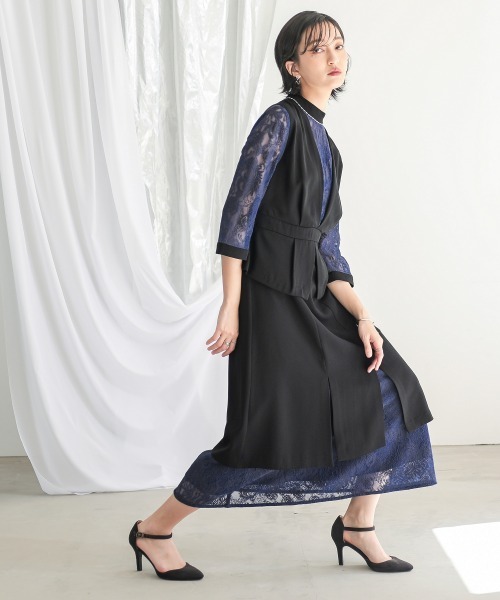 セール】〔Callarus〕スタンドカラーレース切替デザインワンピース