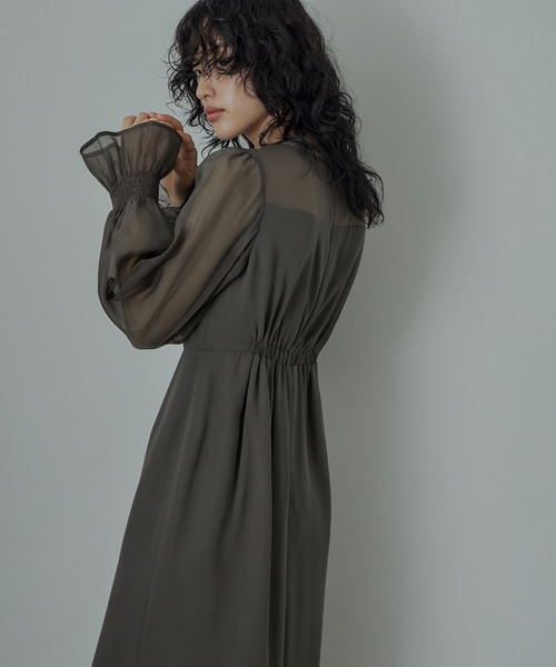 ビスチェ風ボリュームスリーブシフォンドレス 結婚式 同窓会 お呼ばれ