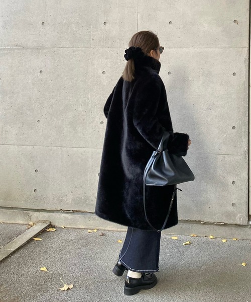 stand collar fur coat /スタンドカラーボタンファーミドルコート