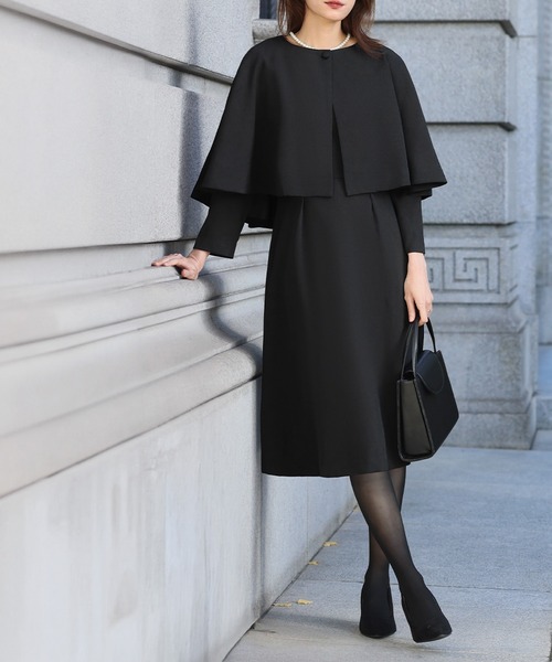 セール】【喪服 礼服】ケープ 膝丈 フレア ワンピース セットアップ