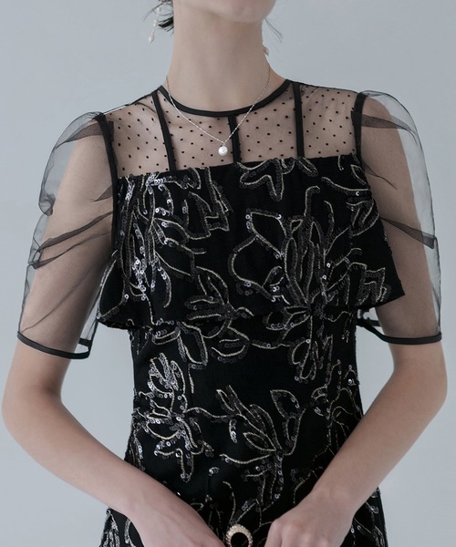 セール】【LEJA】ドットチュールフラワースパンコールIラインドレス