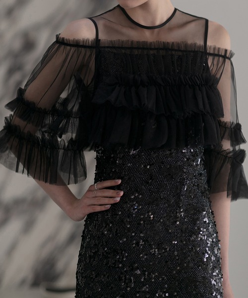 セール】【LEJA】チュールフリルオフショルダースパンコールIライン