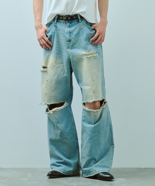 wide baggy broken denim trousers / ワイドバギー汚れ加工ダメージ