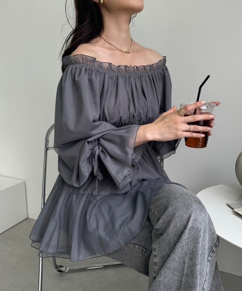 セール】リボン取り外しできる/肩リボンチュニック（シャツ/ブラウス