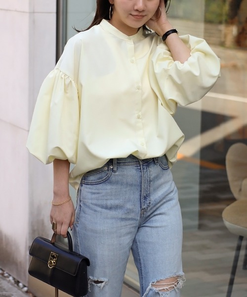 セール】ブロードバルーンスリーブノーカラーシャツ（シャツ/ブラウス