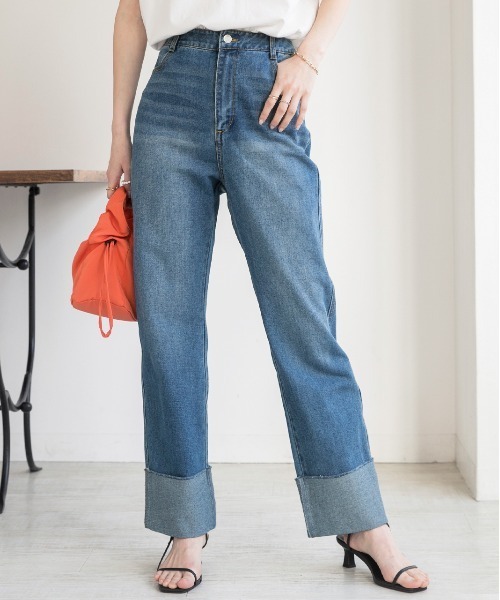 セール】プラスト加工 ストレート ロールアップストレートデニム