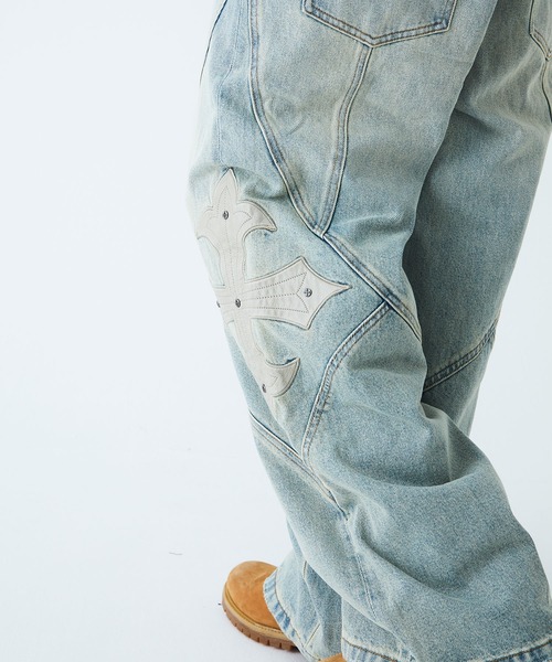 セール】デニムパンツ｜Cross Leather Patch Baggy Denim Pants
