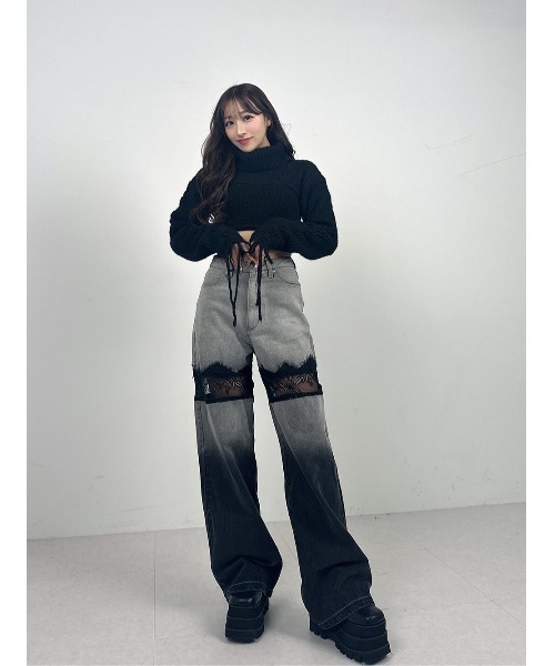 スカラップレースデニムロングパンツ（デニムパンツ）｜Darich