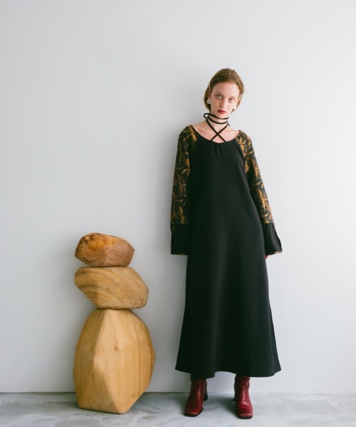 クロスネックジャガードスリーブドレス/Cross Neck JQ Sleeve Dress