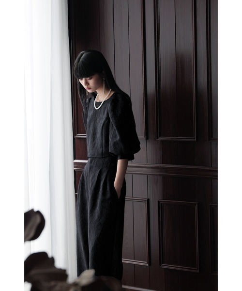 ジャガードクロップブラウス＆タックワイドパンツセットアップ