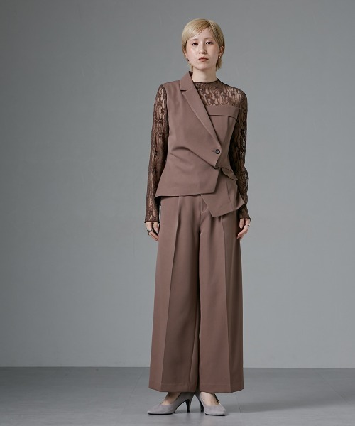 オケージョン対応】アシメテーラードデザインレースブラウスワイド